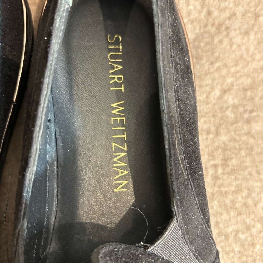 STUART WEITZMAN Sz 8 Pearl and Rhinestone Embellished Slip On Black Loafers - Picture 5 of 14